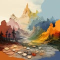 Vibrant Speedpainting: Mountainscape With Colorful Buttons And Objects