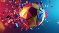 Colorful geometric shapes explode around a vibrant sphere in an abstract digital art piece