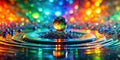 Vibrant sphere resting on colorful water ripples with defocused lights. Generative AI