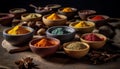 Vibrant spice bowl showcases Indian culture variety of seasoning ingredients generated by AI