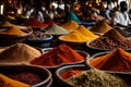 Vibrant Spice Market: Overflowing Bowls with Colorful Spices, Grains, and Seeds, Evoking a Cornucopia of Abundance Royalty Free Stock Photo