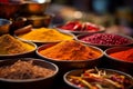 Vibrant Spice Market Stall: Red Curry, Paprika, Spicy Chili, Masala. AI