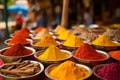 Vibrant Spice Market Stall: Red Curry, Paprika, Spicy Chili, Masala. AI