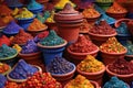 vibrant spice piles in traditional clay pots Royalty Free Stock Photo