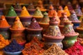 vibrant spice piles in traditional clay pots