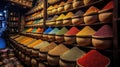 A vibrant spice shop with an array of colorful spices