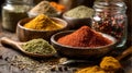 Vibrant Spices and Herbs Arrayed in Wooden Bowls on Dark Surface Royalty Free Stock Photo
