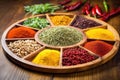 vibrant spices sprinkled on a wooden platter