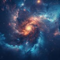 A vibrant spiral galaxy dominates this image, its arms glinting with starlight and interstellar dust