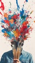 Vibrant splash of multicolored paint from a person's head holding paintbrushes against a white background. Ideal for