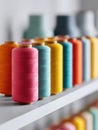 Vibrant spools of thread aligned in a spectrum. A vivid visual for textiles, crafting, or design projects. Represents creativity, Royalty Free Stock Photo