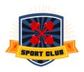 Vibrant sport club logo with dartboard and red darts. Energetic emblem for athletic team, competition. Sports badge