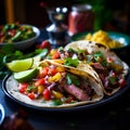 Mexican Taco Fiesta: Vibrant and Colourful Tacos with Grilled Steak, Marinated Chicken, and Fresh Salsa Taco Delight Royalty Free Stock Photo