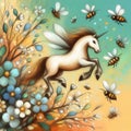 Vibrant spring day, digital artwork of a mythical unicorn dancing among flowers and bees