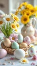 Vibrant spring decorations with painted easter eggs and fresh blooms Royalty Free Stock Photo