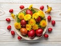Vibrant Spring Easter Composition A Festive Flat Lay Mockup Featuring Yellow Dandelions Painted Red Eggs and a Royalty Free Stock Photo