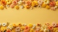 Vibrant Spring Floral Frame Yellow and Orange Roses, Daisies on Yellow Background with Copy Space Royalty Free Stock Photo