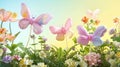 Vibrant Spring Garden with Colorful Butterflies and Blooming Flowers. Royalty Free Stock Photo