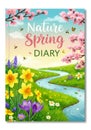 Vibrant Spring Nature Diary Illustration with Flowers and River Royalty Free Stock Photo