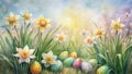 Vibrant spring scene with daffodils and painted easter eggs Royalty Free Stock Photo