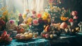 Vibrant Spring Table Setting with Easter Eggs and Flowers Royalty Free Stock Photo