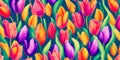 Vibrant spring-themed background featuring a variety of colorful tulips. Panorama