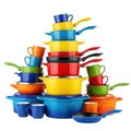 Vibrant stack of assorted cookware and mugs isolated on white background Royalty Free Stock Photo