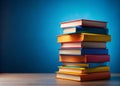 Vibrant Stack of Books Against a Crisp Blue Background A Captivating Image for Educational and Design Inspiration Royalty Free Stock Photo