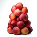Glistening Fresh Nectarines Piled in a Pyramid on a White Background. AI generation
