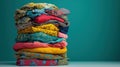 Vibrant stack of folded colorful clothes against teal background Royalty Free Stock Photo