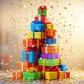 A vibrant stack of multicolored gift boxes arranged in a pyramid shape, adorned with bows and Royalty Free Stock Photo
