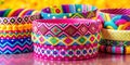 Vibrant stack of ornate decorative bangles with intricate geometric patterns and bold hues. Generative AI Royalty Free Stock Photo
