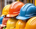 Vibrant Stack of Safety Discover a captivating image showcasing colorful construction helmets stacked together, symbol of safety Royalty Free Stock Photo