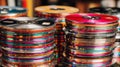 Vibrant stacks of diverse optical discs reflecting light, symbolizing digital storage, entertainment, obsolete media, and data Royalty Free Stock Photo