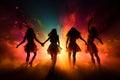 Vibrant stage lights, blurred bokeh, and captivating silhouettes in energetic entertainment backdrop