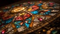 Vibrant stained glass shapes illuminate ancient chapel generated by AI