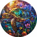 Vibrant Stained Glass Turtle. Colorful Stained Glass Sea Turtle