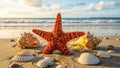 Vibrant Starfish and Seashells on Sandy Beach Sunset Royalty Free Stock Photo