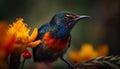 Vibrant starling perched on branch, pollinating colorful flower generated by AI