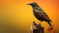 Vibrant Starling Perched On Wood Against Orange Background