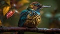 Vibrant starling perching on branch, close up of iridescent feathers generated by AI