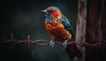 Vibrant starling perching on branch, close up of multi colored feathers generated by AI