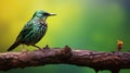 Vibrant Starling On Wood Branch: Captivating Landscape Photography