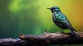 Vibrant Starling On Wood Branch: Dark Emerald And Bronze Photographic Style