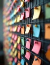 Vibrant sticky notes attach to dark grid. Colorful display shows reminders. Tasks and ideas organize a workspace. Brainstorming Royalty Free Stock Photo