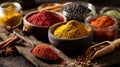 A Vibrant Still Life of Assorted Spices in Bowls and Jars Royalty Free Stock Photo
