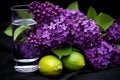 Vibrant still life with blooming lilac brush and assorted fresh fruits arrangement Royalty Free Stock Photo