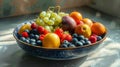 Vibrant still life bowl of mixed fruits with detailed photorealism in high resolution