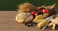 Abundant harvest scene featuring bread corn and fruit Royalty Free Stock Photo