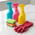 Colorful Cleaning Supplies: Spray Bottles, Sponges, and Gloves Royalty Free Stock Photo